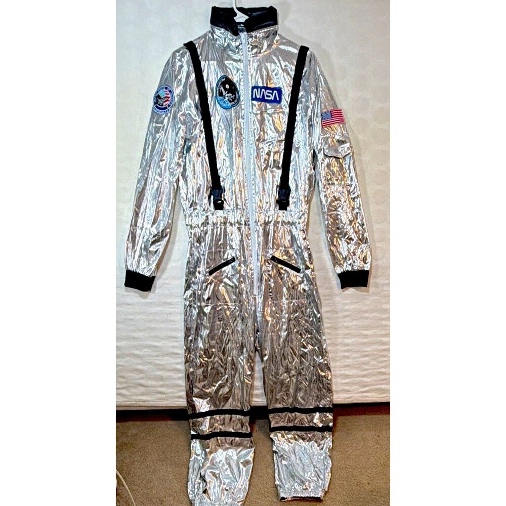 GRAJTCIN Silver Astronaut Costume Adult Large NASA Space Jumpsuit Excellent